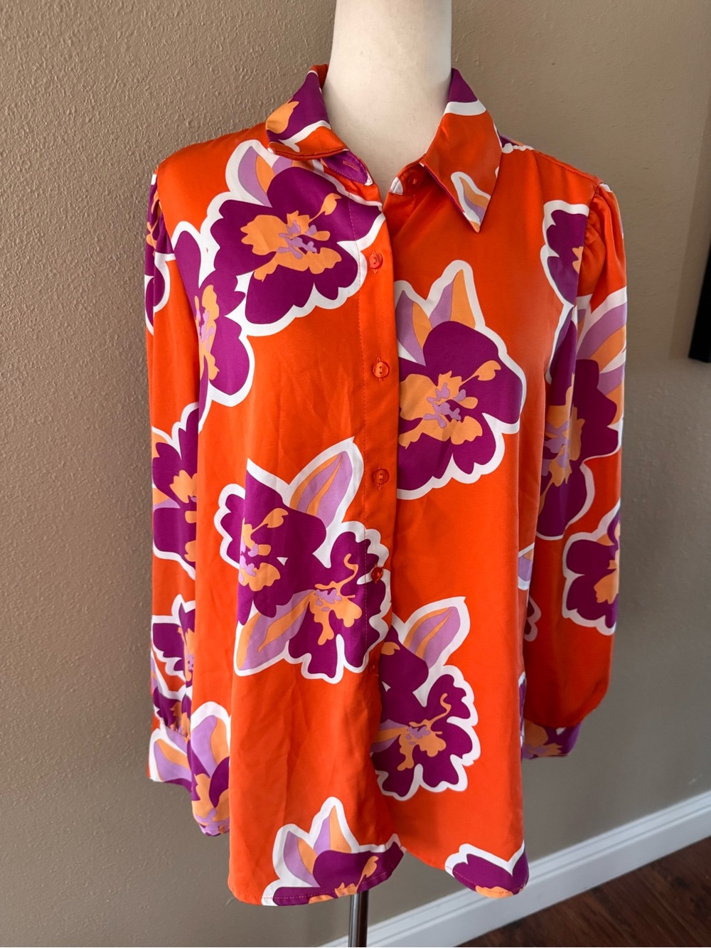Cato Orange Floral Button-Down Blouse with Purple Accents - Picture 3 of 8